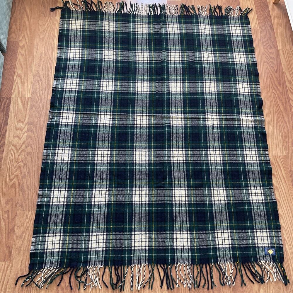 Vintage Pendleton Wool Blanket Throw Plaid Tartan Fringed Green Blue Made in USA